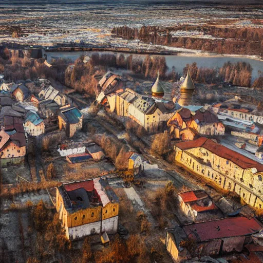 Prompt: photo ancient Russian city of Kitezh,concept art, magical city, fantasy cityscape, ancient Slavs, wooden buildings, ancient Russian architecture, terem, top cinematic lighting , cinematic mood, very detailed, shot in canon, 8k, high resolution