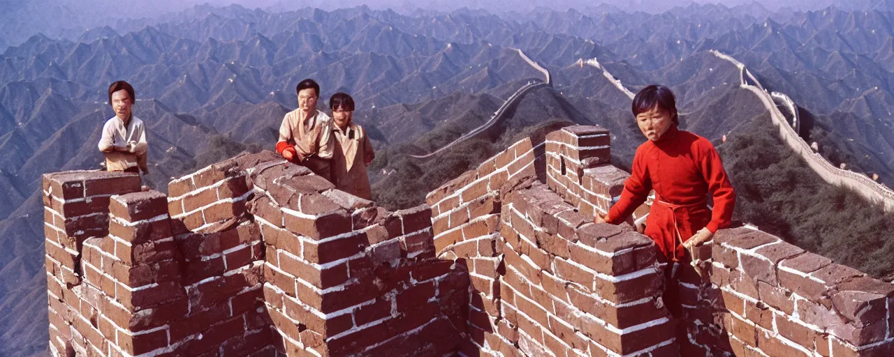 Image similar to spaghetti on top of building the great wall of china, fine detail, canon 5 0 mm, in the style wes anderson, kodachrome, retro