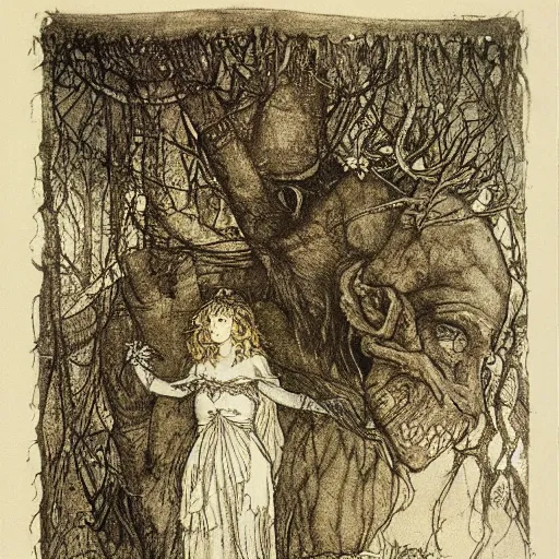 Image similar to once upon a midnight dreary, while i pondered, weak and weary, over many a quaint and curious volume of forgotten lore, by arthur rackham, highly detailed, 8 k,