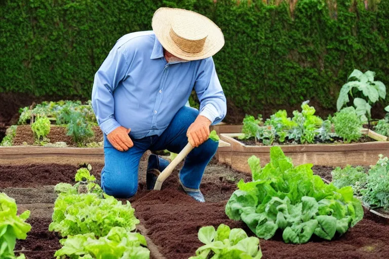 Prompt: middle - age - man wearing a straw hat and a long - sleeved shirt looking down to the ground kneeling beside a healthy luscious beautiful vegetable garden with gardening tool leaning by his side