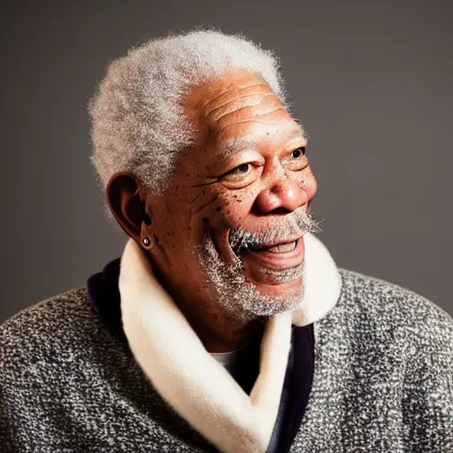 Prompt: a studio photograph of Morgan Freeman dressed as A rapper, 40mm lens, shallow depth of field, split lighting