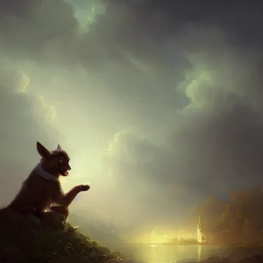 Image similar to cinematic shot epic portrait an female traveller pets a puppy near a village, sunny, cute, fluffy, broad light, ambient occlusion, volumetric light effect, made by ivan aivazovsky, peter mohrbacher, greg rutkowski, matte painting, trending on artstation, 4 k, perfectly defined features, digital painting, cinematic, epic, highly detailed,