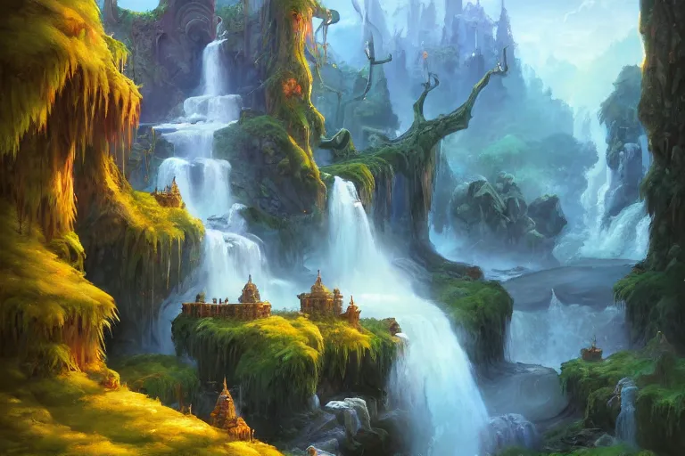 Prompt: gouache masterpiece depicting Idyllic fantasy landscape, waterfalls, castle, willows, mystical, magical, Tyler Edlin and Andreas Rocha, Hyperdetailed, stylized, Artstation