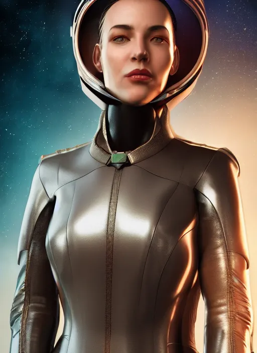 Image similar to full head and body portrait of strikingly beautiful slim mature woman wearing leather spacesuit, space empress in scifi clothing, photograph, 4 k, ultrarealism, octane render, uplighting, studio photo, artgerm, artstation concept character, science fiction