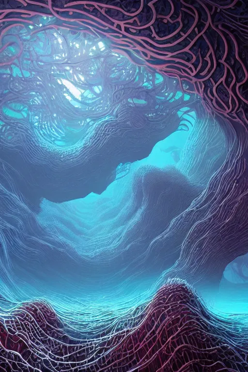 Prompt: Deep beneath the rolling waves, in labyrinths of coral caves. beautiful Underwater scene, by Anato Finnstark digital art, 8k, fine details, trending on artstation.