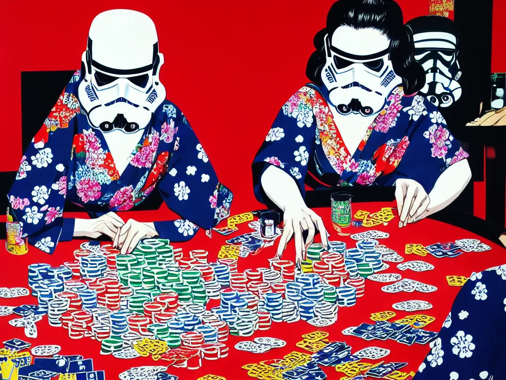 Image similar to hyperrealism composition of the detailed single woman in a japanese kimono sitting at an extremely detailed poker table with stormtrooper, fireworks, river on the background, pop - art style, jacky tsai style, andy warhol style, acrylic on canvas