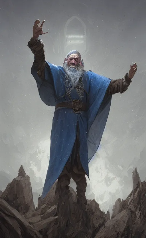 Image similar to portrait of a middle - aged elf with a long beard, dressed in a blue cloak, brown - grey hair, raised hand, clock iconography, detailed face, fantasy, highly detailed, cinematic lighting, digital art painting by greg rutkowski