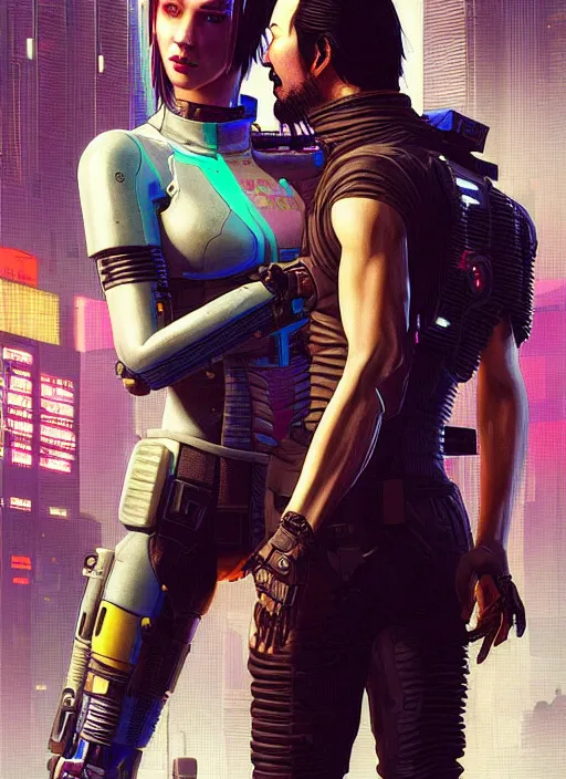 Image similar to a cyberpunk 2077 couple portrait of Keanu Reeves&female android in final kiss,love,film lighting,by Laurie Greasley,Lawrence Alma-Tadema,Dan Mumford,artstation,deviantart,FAN ART,full of color,Digital painting,face enhance,highly detailed,8K,octane,golden ratio,cinematic lighting