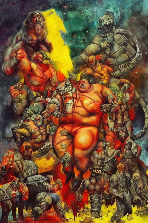 Image similar to surreal a hulking herculeanjohn candy as nurgle the unclean in a post apocalyptic hellscape, esoteric symbolism, intense emotional power, red yellow black, palette knife oil painting by peter booth and william blake