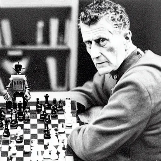 Image similar to ludwig wittgenstein and a robot, playing chess, dramatic angle