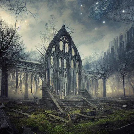 Image similar to a celestial cathedral in ruins, a single autumn maple bonsai blooms, decay and ruins, abandoned dreams and the futility of all human endeavor lie around by Jessica Rossier and HR Giger