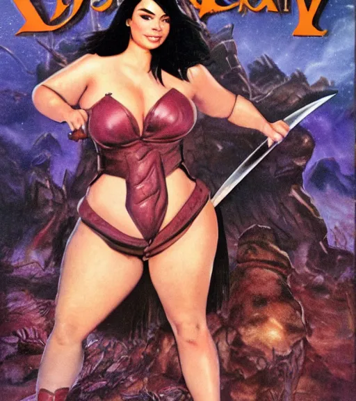 Prompt: 1 9 8 0 s fantasy novel book cover, bbw plus size amazonian miranda cosgrove in extremely tight bikini armor wielding a cartoonishly large sword, exaggerated body features, dark and smoky background, low quality print