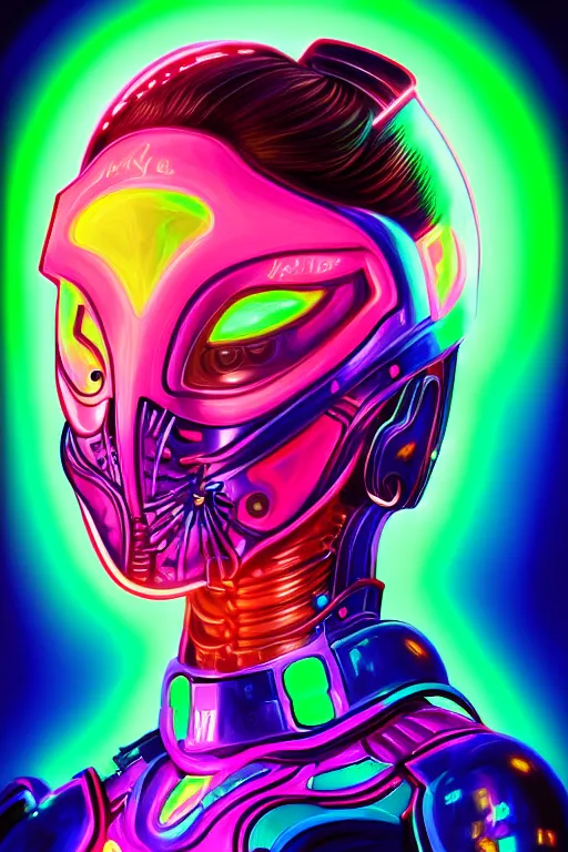 Image similar to portrait of a girl with a biomechanic armor and neon light by Lisa Frank, digital painting, highly detailed, trending on artstation