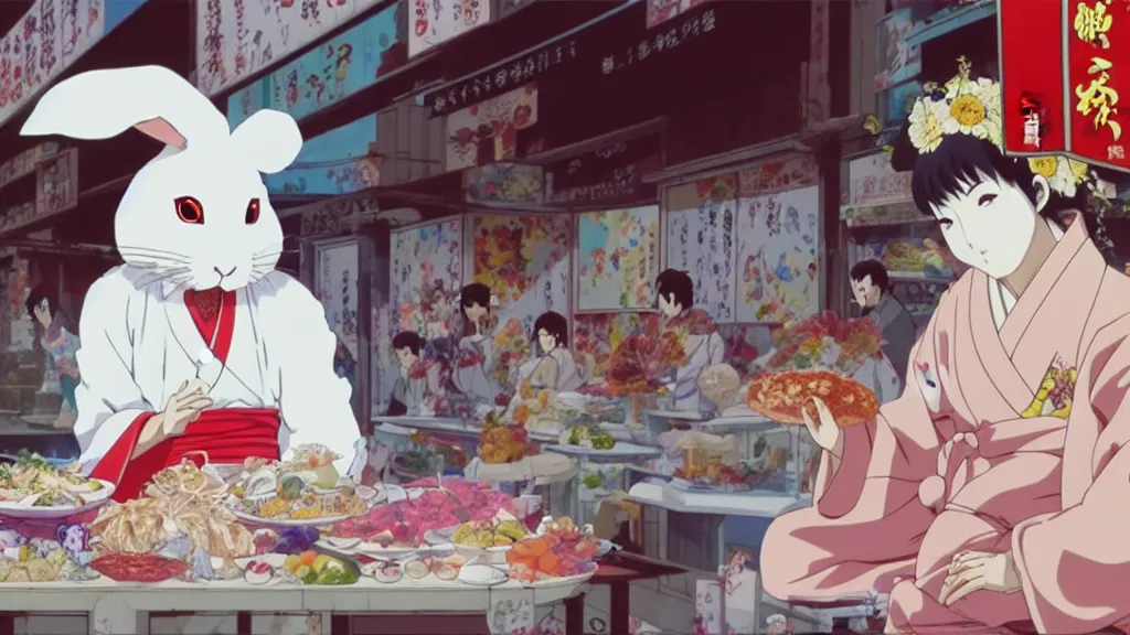 Prompt: a huge white rabbit wearing a geisha robe eating at the street market, anime film still from the an anime directed by Katsuhiro Otomo with art direction by Salvador Dalí, wide lens