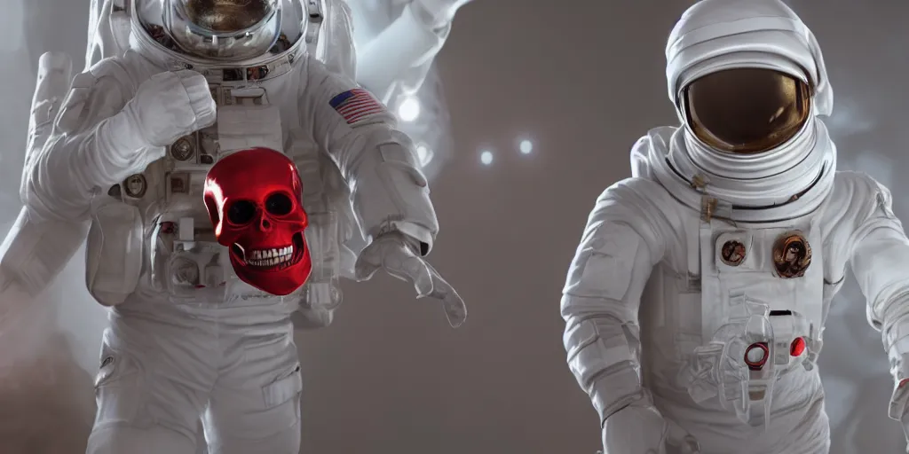 Prompt: smaller ornate red skull in white astronaut suit, gold linens, cinematic lighting, dramatic, octane render, long lens, shallow depth of field, bokeh, anamorphic lens flare, 8k, hyper detailed