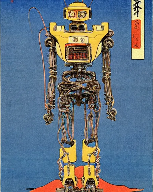 Image similar to Hiroshige portrait of a robot saint made of cables and robotic pod by Frank Frazetta