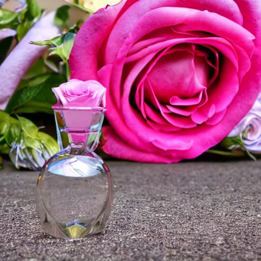 Image similar to perfume bottle surrounded by bouquet of artistic, luscious pink roses, romantic sparkly mist, soft femme, simple path traced, environment, up close shot