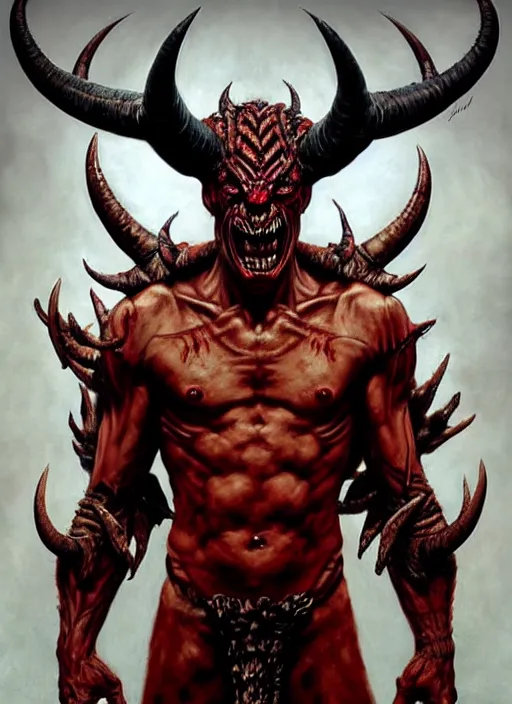 Prompt: devil man intricate skin pattern texture, savage, full body, maniacal, giant horns, a bit more muscular, demonic mask on, hyper realistic, extremely detailed, dnd character art portrait, dark fantasy art, intricate fantasy painting, dramatic lighting, vivid colors, deviant art, artstation, by edgar maxence and caravaggio and michael whelan and delacroix.