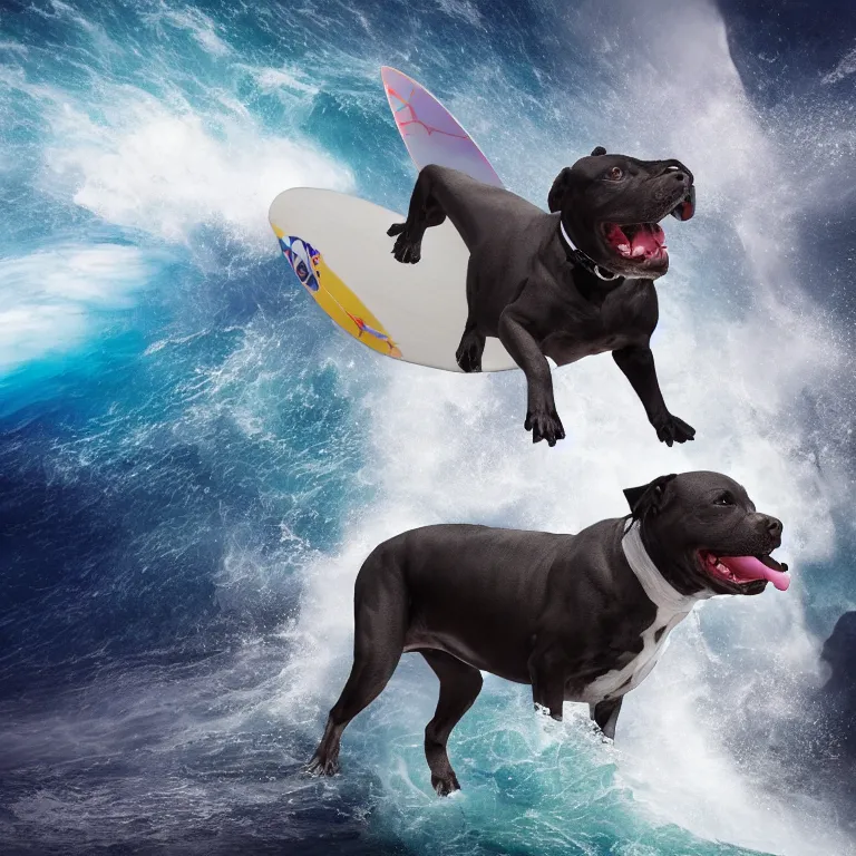 Prompt: photo of a dark gray black pit bull with a white paws, surfing on a surfboard in a crashing wave of alien ocean in space, background is an alien galaxy, aliens in the background, alien colors, octane render, unreal engine, wide view, 8 k, high detaild
