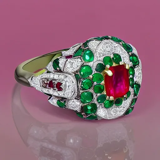 Image similar to stunning ring with 4 5 carat diamond, adorned with ruby, emerald, and sapphire, on wife finger