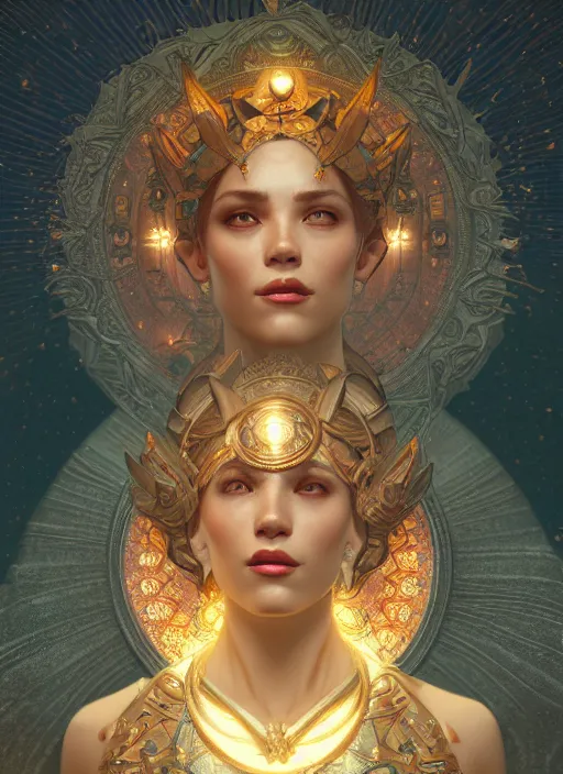 Image similar to Divine cosmic female power, glyphs, magic, artstation, high contrast, dramatic lighting, cgsociety, very detailed, intricate, detailed illustration, by artgerm and greg rutkowski and alphonse mucha, octane render, unreal engine, hyperrealism