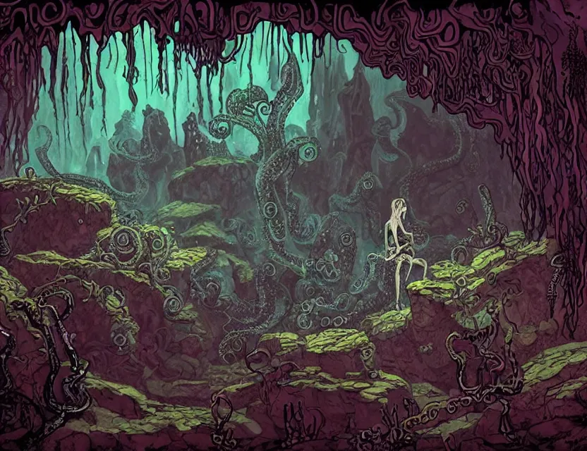 Prompt: an adventurer in a lovecraftian eldritch cave with crystals and plants. this ink painting by the award - winning cartoonist has dramatic lighting, an interesting color scheme and great sense of depth.