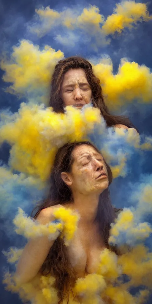 Image similar to woman crying covered in yellow and blue clouds, by kim keever