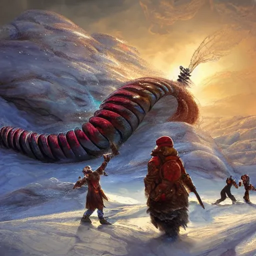 Image similar to a giant jello worm attacks warriors in a icy desert, ice, snow, cold, by the tony sart, artstation