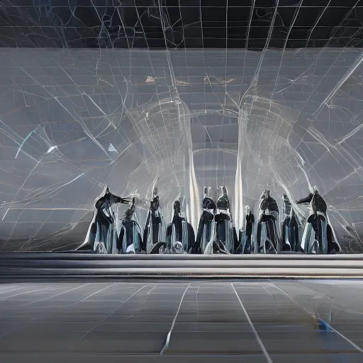 Image similar to sci-fi wall structure on the coronation of napoleon painting and photogrammetry point cloud digital billboard in the middle, unreal engine 5, keyshot, octane, artstation trending, ultra high detail, ultra realistic, cinematic, 8k, 16k, in style of zaha hadid, in style of nanospace Michael Menzelincev, lighting in style of the Blade Runner 2049, in plastic, dark, tilt shift,