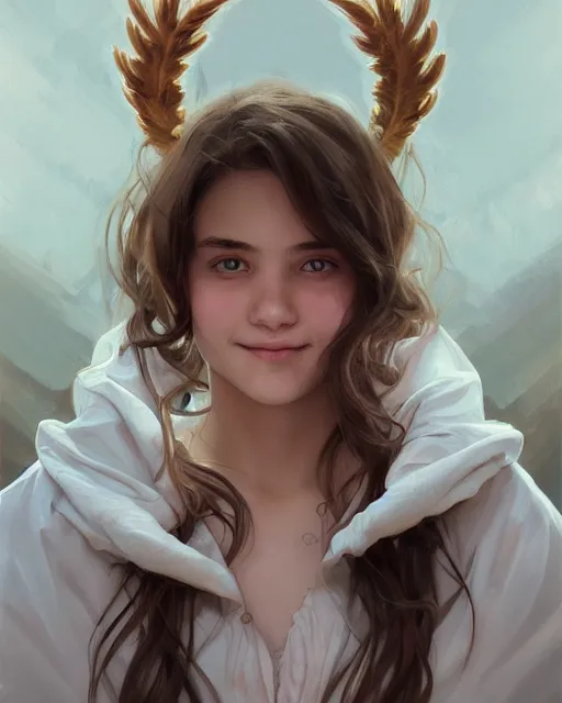 Prompt: symmetry!! portrait of smiling 1 5 - year - old girl with voluminous bushy brown hair, large front teeth, and bright piercing brown eyes, highly detailed, digital painting, artstation, concept art, smooth, sharp focus, illustration, art by artgerm and greg rutkowski and alphonse mucha