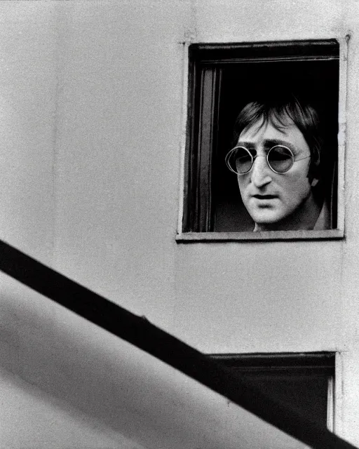 Image similar to john lennon looking out his nyc apartment window to see a ufo slowly flying by, the ufo is a round object, black or grey in the middle with blinking white lights wrapped around it and a red light on top. photorealistic, hyperreal, in the style of the x - files,