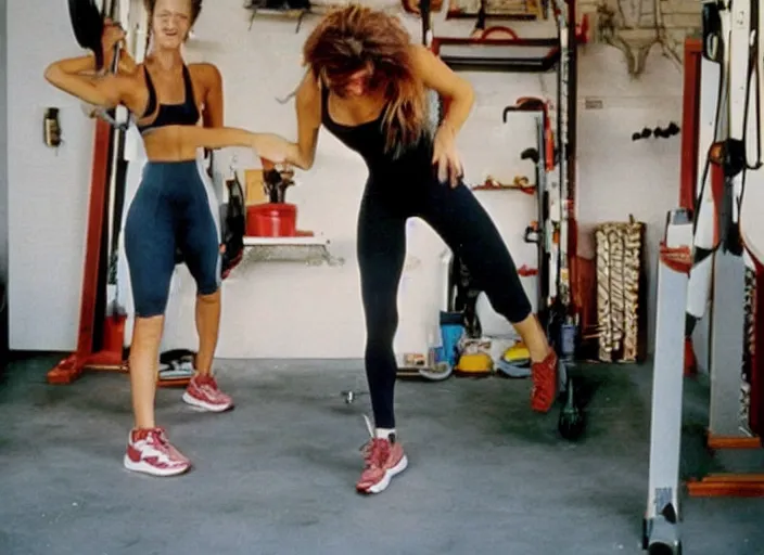 Prompt: 90's Photos, A beautiful woman is working out in the garage.