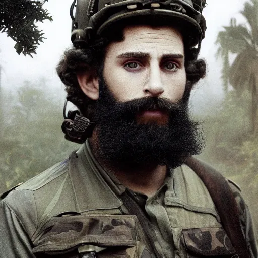 Image similar to an extremely detailed matte painting of a ridiculously good looking mimi mathy that looks like a jewish gigachad in the vietnam war, wearing a ballistic helmet from patton, long curly hair, camouflaged gear, very detailed, jungles of vietnam beautiful, intricate, cinematic, artstation, william bouguereau, alphonse mucha, greg rutkowski, stanley kubrick, octane render