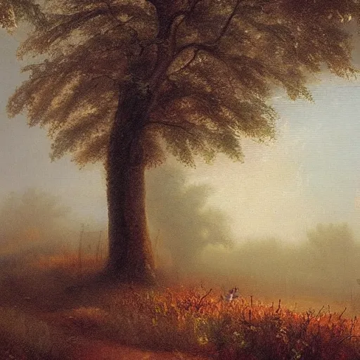 Prompt: an impressive 1 8 0 0 s romanticism - inspired oil painting of a foggy tree line at dawn inspired by liberty leading the people