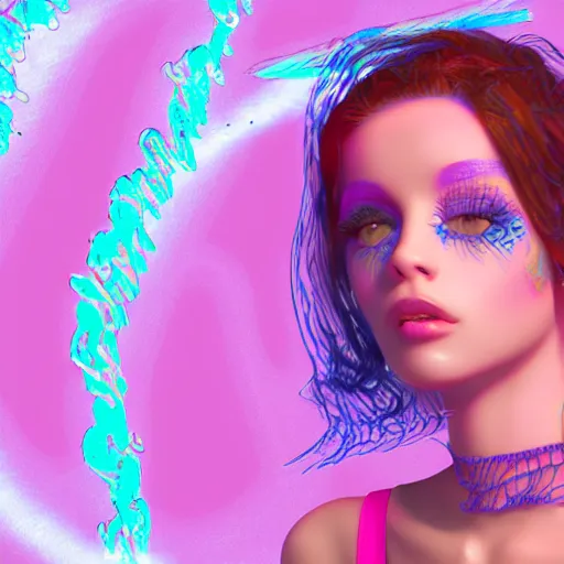 Image similar to a highly detailed and realistic concept art of model Gia in a vaporwave artwork composition, Windows98 logo, 8k, intricate, pastel colors