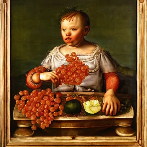 Image similar to a boy sitting in a tub full of tomato sauce, a lot of cabbage, by giuseppe arcimboldo and ambrosius benson, renaissance, portrait, fruit, intricate and intense oil paint, realistic, award - winning