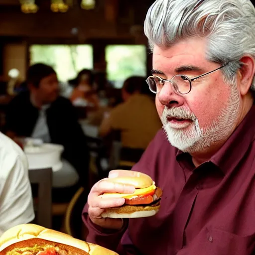 Image similar to George Lucas eating a hamburger