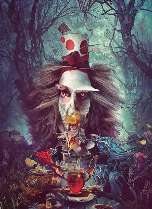 Image similar to alice in wonderland mad hatter the magician tarot card, highly detailed, cinematic, 8 k, by stanley artgermm, tom bagshaw, greg rutkowski, carne griffiths, ayami kojima, beksinski, giger, trending on deviantart, hyper detailed, horror, full of colour