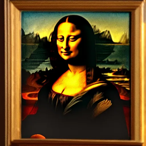 Image similar to painting of Margot Robbie posed in the style of ‘Leonardo Da Vinci's Mona Lisa’, hyperrealistic, moody lighting, golden hour