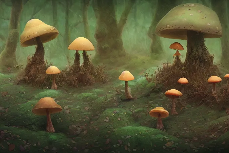 Prompt: sentient mushrooms meditating in amossy tangled forest by Shaun Tan and Moebius, trending on artstation