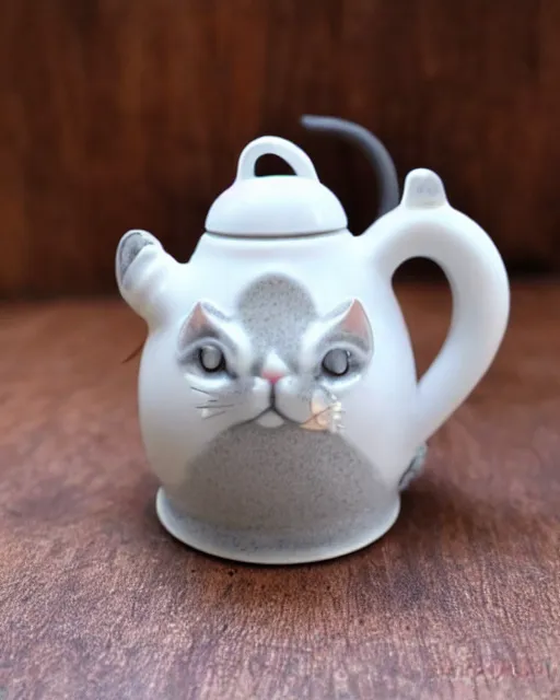 Image similar to a creepy white tea kettle shaped like a cat with a little porcelain gray mouse on the tip of it's spout