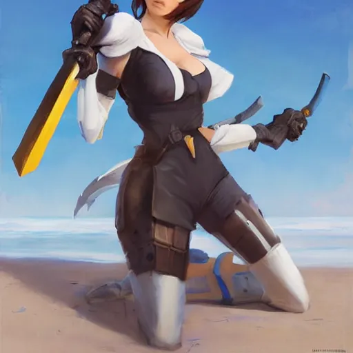 Image similar to greg manchess portrait painting of tracer from overwatch as 2 b nier automata on the beach holding a sword, organic painting, sunny day, matte painting, bold shapes, hard edges, street art, trending on artstation, by huang guangjian and gil elvgren and sachin teng