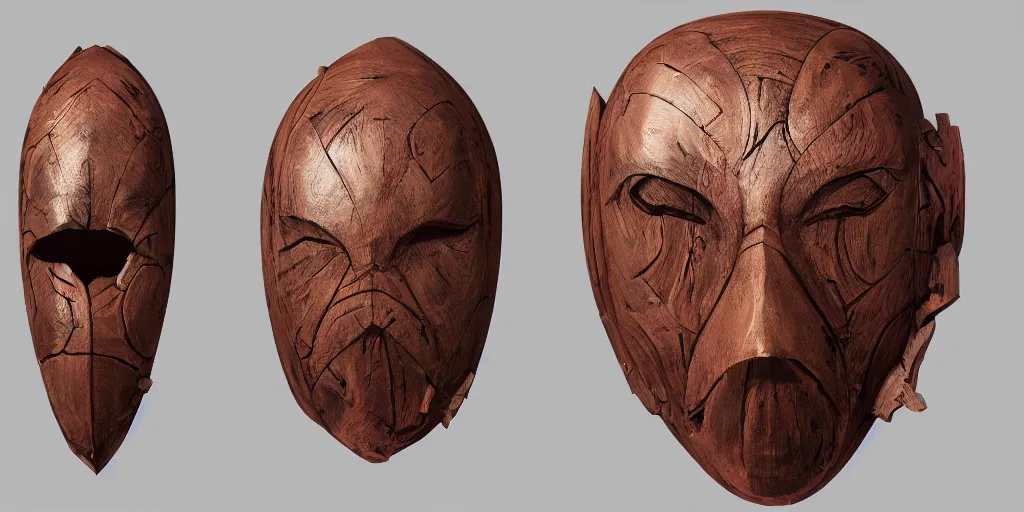 Prompt: wooden mask of joy design, character sheet, Moebius, Greg Rutkowski, Zabrocki, Karlkka, Jayison Devadas, Phuoc Quan, trending on Artstation, 8K, ultra wide angle, zenith view, pincushion lens effect