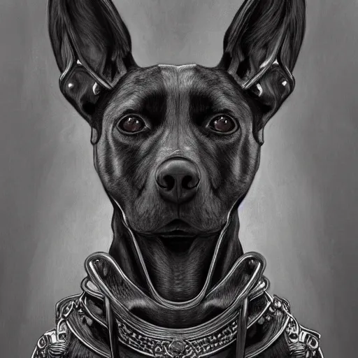 Image similar to a photograpic portrait of a anthropomorphic dog people wearing black clothes, black hair, grey skin, grey ears, fantasy, intricate, elegant, highly detailed, digital painting, artstation, smooth, sharp focus, illustration, art by artgerm and H R Giger and alphonse mucha