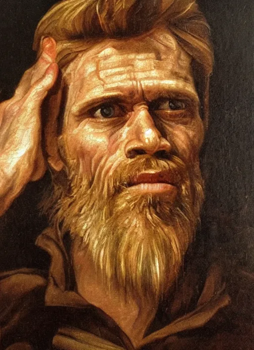 Image similar to portrait painting of willem dafoe with stubble, renaissance oil painting, chiaroscuro
