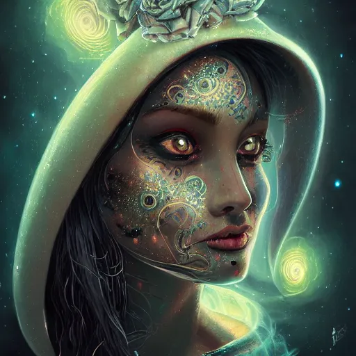 Image similar to Very very very very highly detailed mystic, enigmatic, strange portrait with galaxy, roses, shark's teeth, intricate, extremely detailed, digital painting, artstation, concept art, smooth, sharp focus, illustration, intimidating lighting, incredible art,