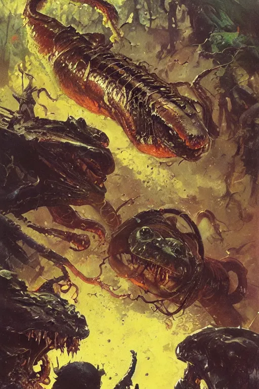 Image similar to huge slimy salamander attacks, dynamic action on alien planet, by norman rockwell, jack kirby, jon berkey, earle bergey, craig mullins, ruan jia, jeremy mann, tom lovell, marvel, astounding stories, 5 0 s pulp illustration, scifi, fantasy