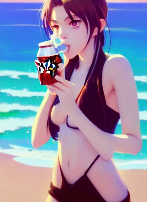 Image similar to full body picture of a extremely beautiful and attractive and cute and aesthetic girl drinking a coke, highly detailed face, very thirsty, dripping on the body, sharp focus, shiny day on the beach, specular reflection, occlusion shadow, trending on artstation, epic light novel cover art, art by ilya kuvshinov and sakimichan and jeremy lipking