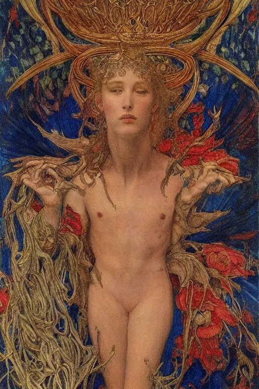 Image similar to coronation of the flower prince, by Annie Swynnerton and jean delville, embroidered brocade, tattoos, elaborate costume, geometric ornament, symbolist, rich colors, dramatic lighting, smooth, sharp focus, extremely detailed