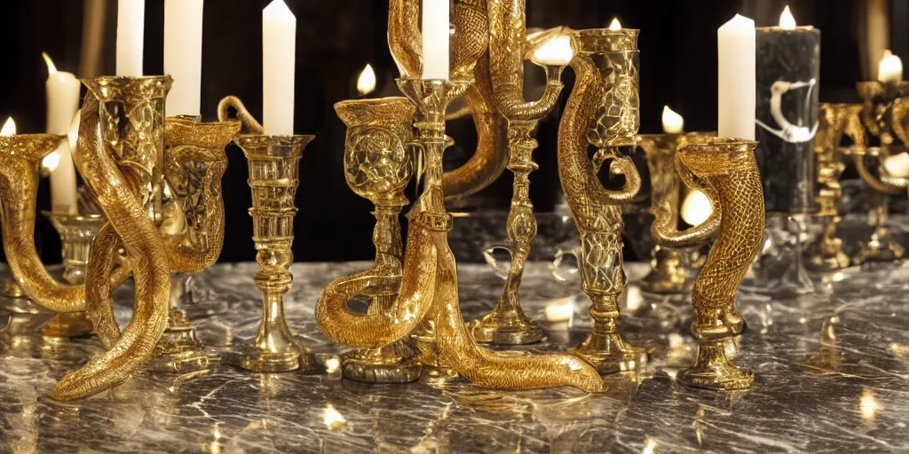 Prompt: snake with gold and silver pattern on a marble floor, candles and intricate candlesticks, by Andres Rios, H 576